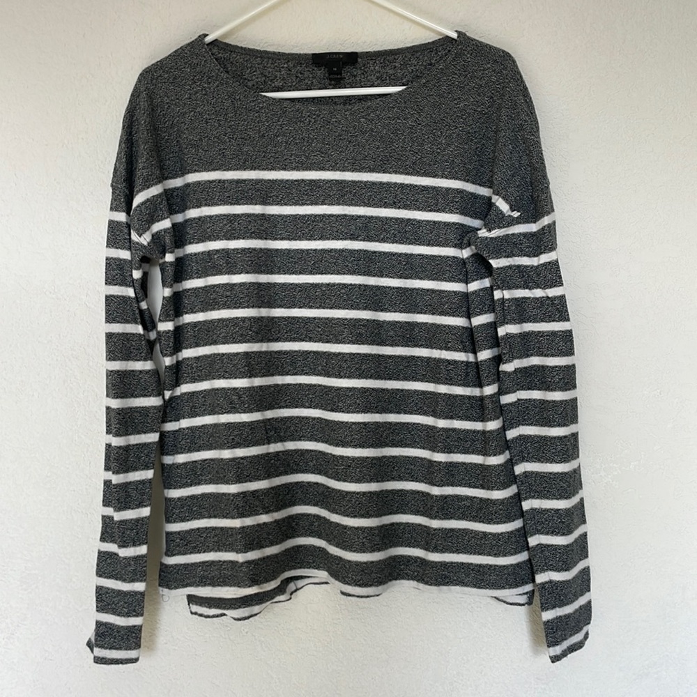 J.Crew grey white Breton striped long sleeve cotton tee shirt medium scoop neck